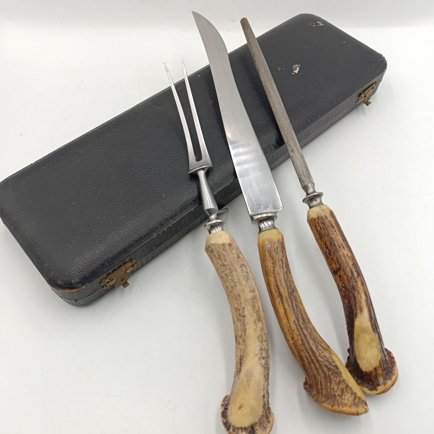 Antique Victorian meat carving set with Stag horn handles in box