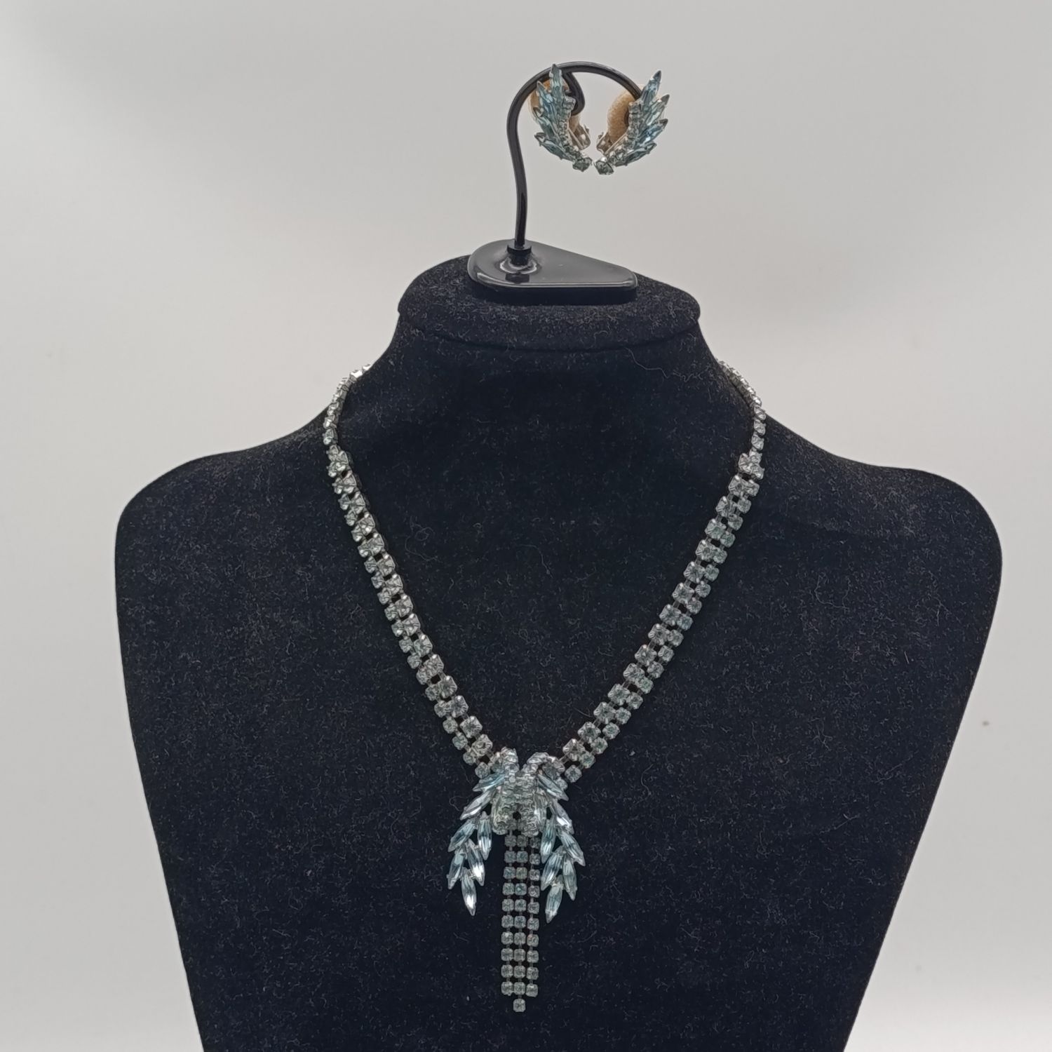 1950's Mid Century regency style necklace and earrings with blue marquise rhinestones and aurora borealis crystals