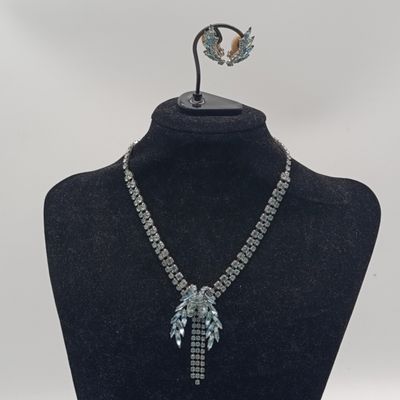 1950's Mid Century regency style necklace and earrings with blue marquise rhinestones and aurora borealis crystals