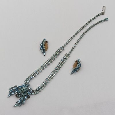 1950's Mid Century regency style necklace and earrings with blue marquise rhinestones and aurora borealis crystals