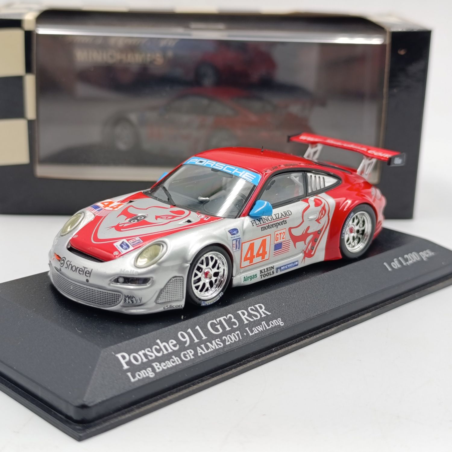 MiniChamps 2007 Porsche 911 GT3 RSR #44 race car model - scale 1/43