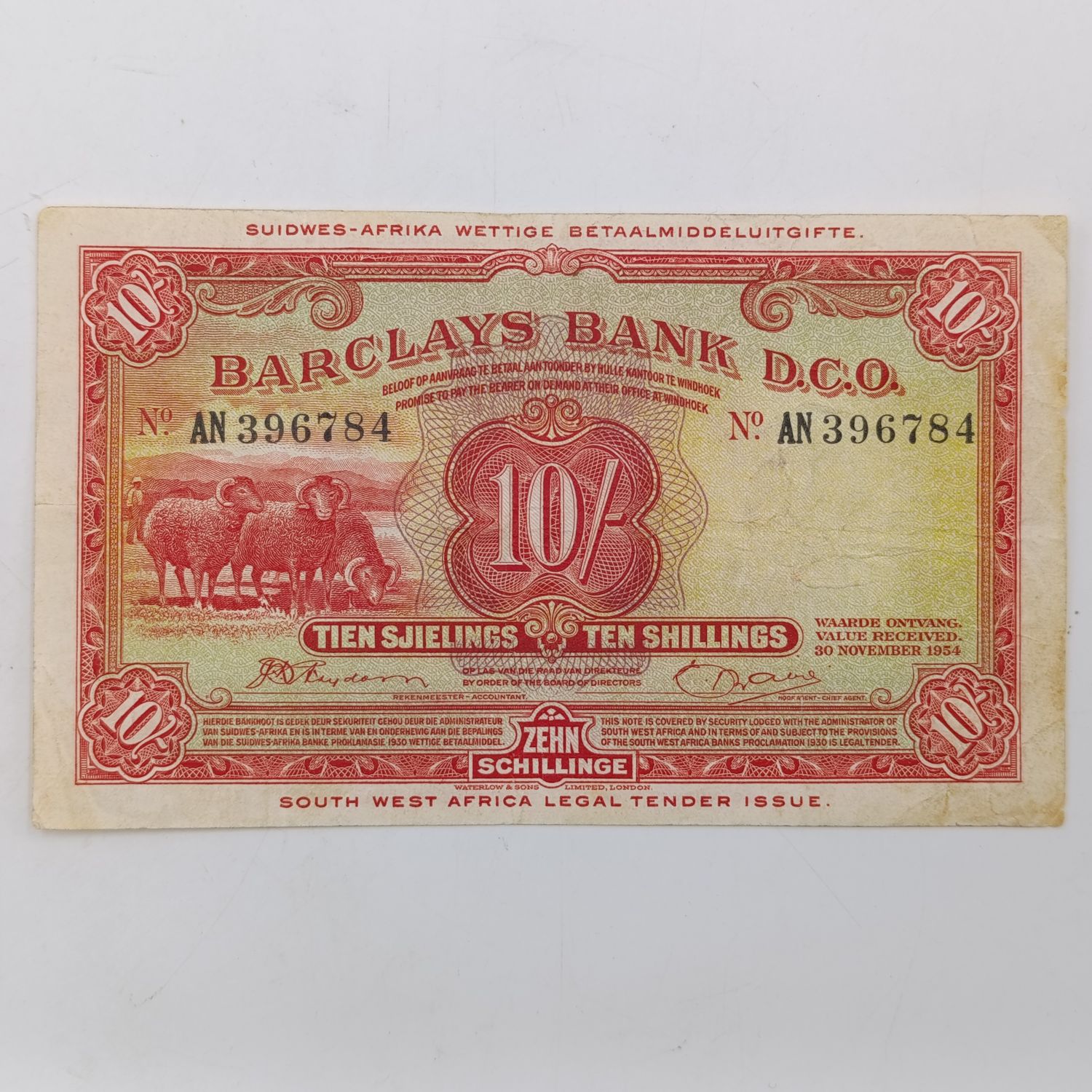 South West African Barclays Bank Ten Shillings banknote - Excellent collectable condition - 30 Nov 1954