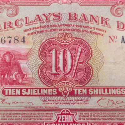 South West African Barclays Bank Ten Shillings banknote - Excellent collectable condition - 30 Nov 1954