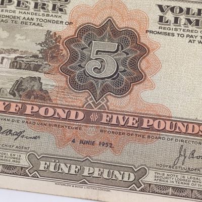 South West African Volkskas Bank 5 Pound banknote - 4 June 1952 - Rare and Excellent condition