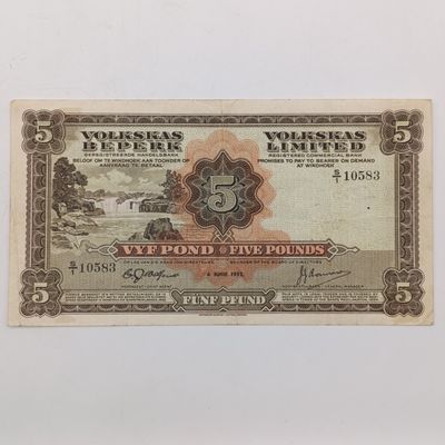 South West African Volkskas Bank 5 Pound banknote - 4 June 1952 - Rare and Excellent condition