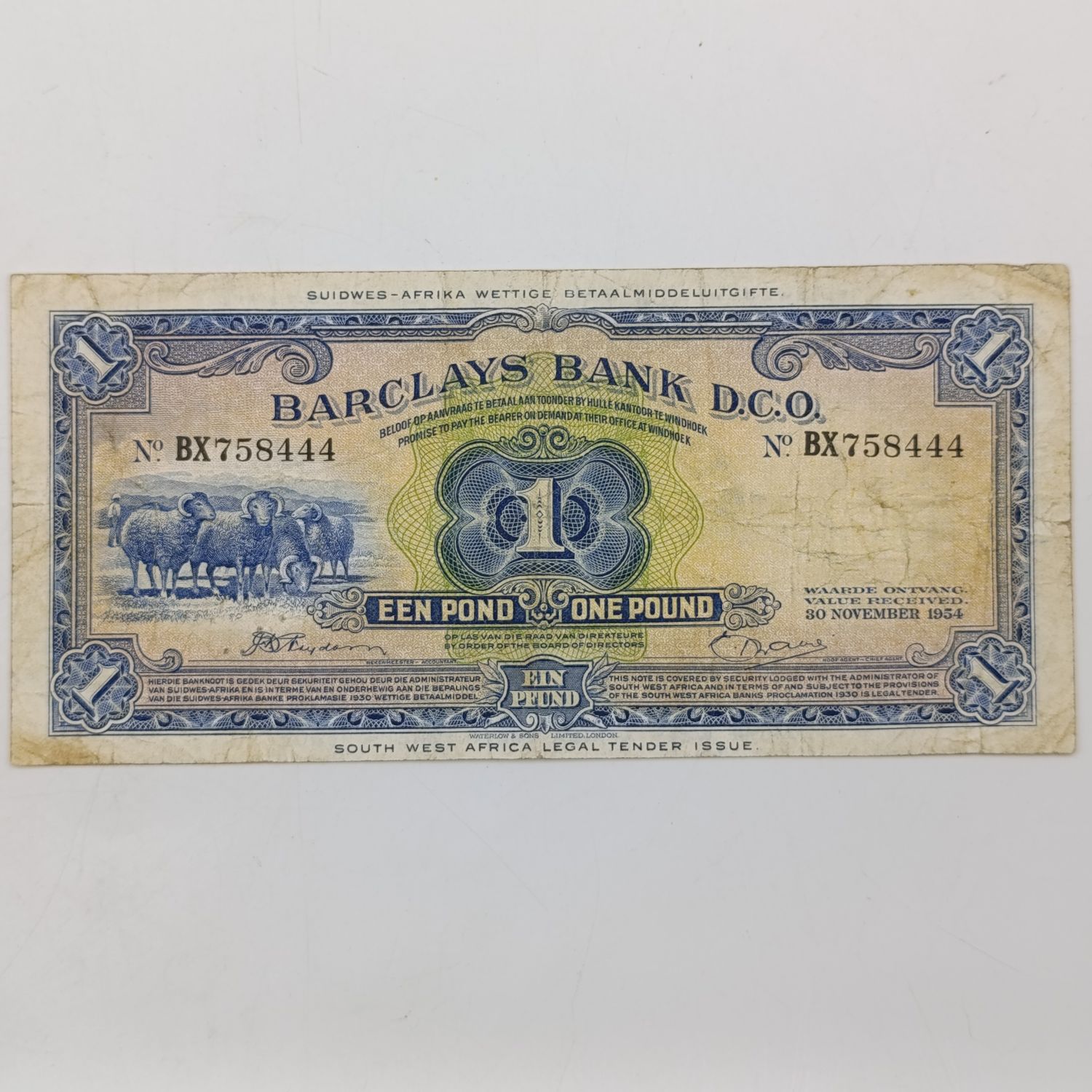 South West African Barclays Bank 1 Pound banknote - 30 Nov 1954