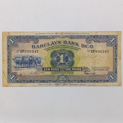South West African Barclays Bank 1 Pound banknote - 1 Sept 1956 - used banknote