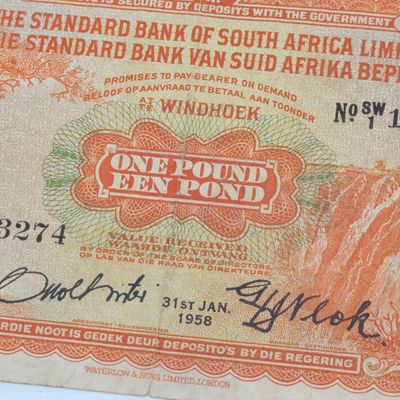 South West African Standard Bank One Pound banknote - 31 Jan 1958 - Used with folds and creases