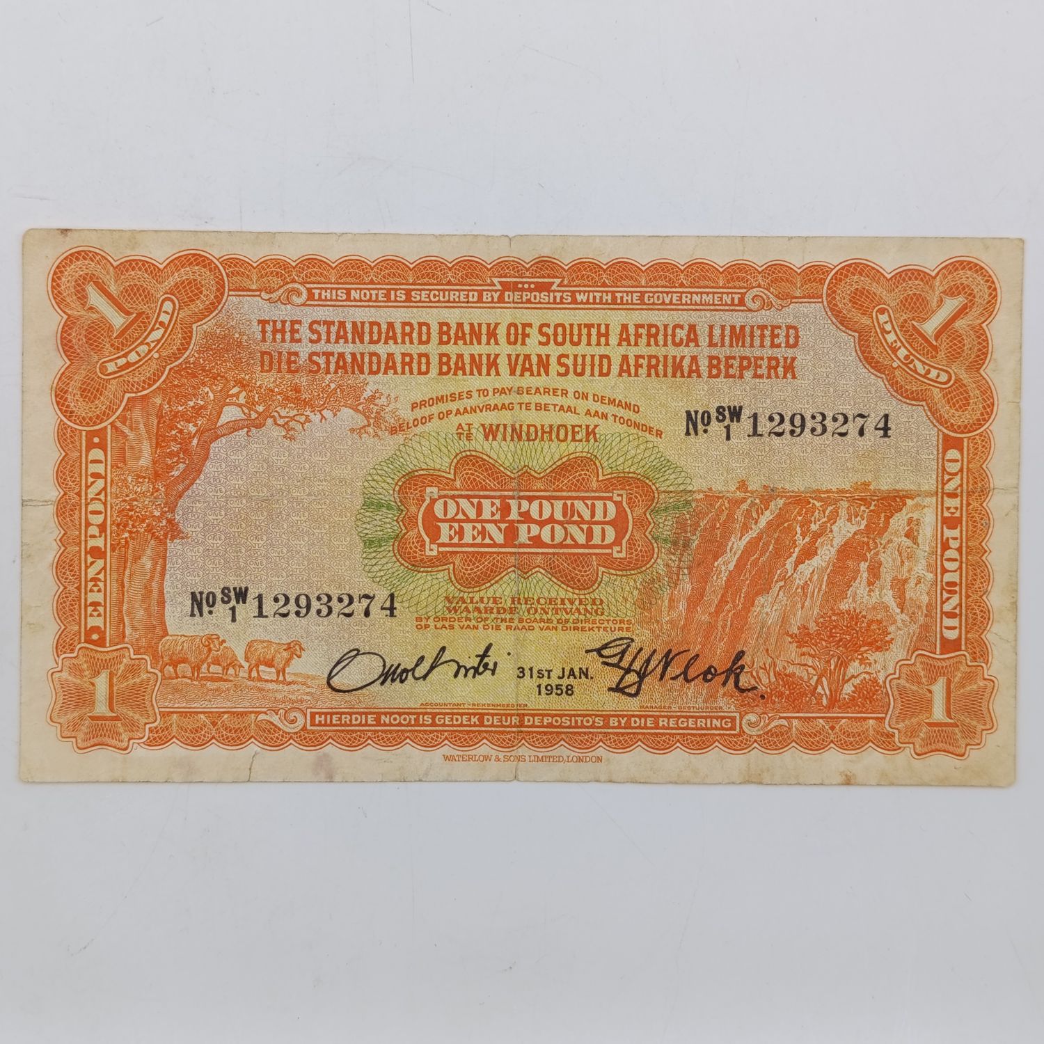South West African Standard Bank One Pound banknote - 31 Jan 1958 - Used with folds and creases