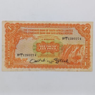 South West African Standard Bank One Pound banknote - 31 Jan 1958 - Used with folds and creases