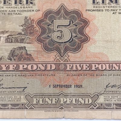 South West African Volkskas Bank 5 Pound banknote - 1 Sept 1959 - scarce