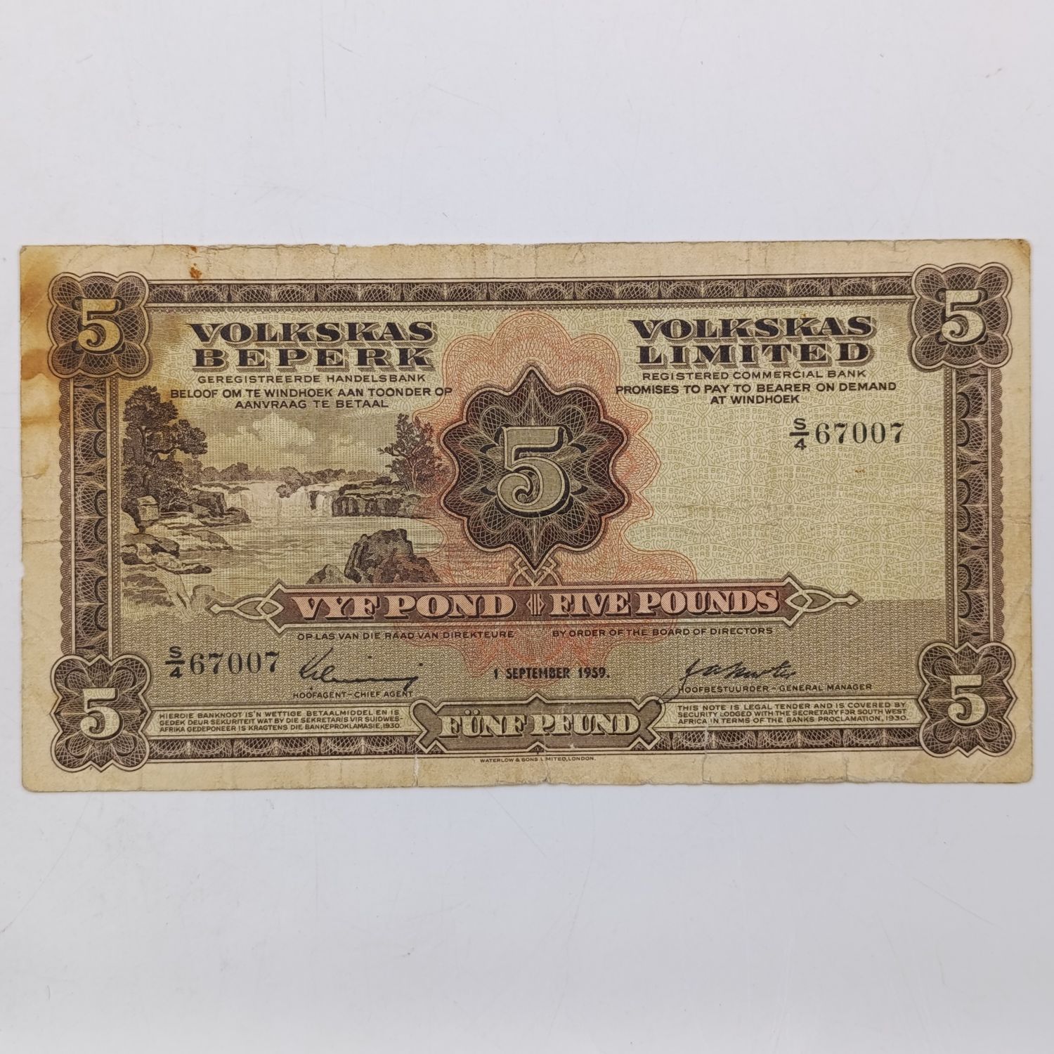 South West African Volkskas Bank 5 Pound banknote - 1 Sept 1959 - scarce