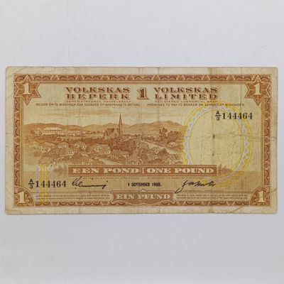 South West African Volkskas Bank 1 Pound banknote - 1 Sept 1958 - Nice Number
