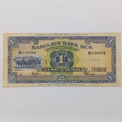 South West African Barclays Bank 1 Pound banknote - 29 Nov 1958 - folds and creases but collectable