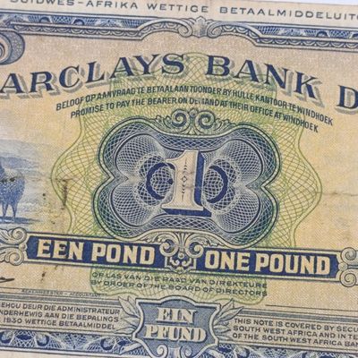 South West African Barclays Bank 1 Pound banknote - 29 Nov 1958 - folds and creases but collectable