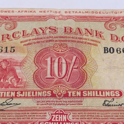 South West African Barclays Bank Ten Shillings banknote - 29 Nov 1958