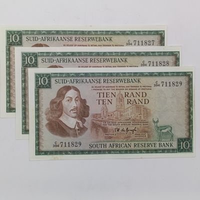 TW de Jongh 3rd issue lot of 3 R10 notes - consecutive numbers