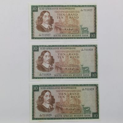 TW de Jongh 3rd issue lot of 3 R10 notes - consecutive numbers
