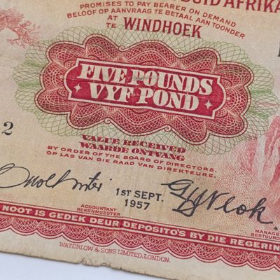 South West African Standard Bank 5 Pound banknote - 1 Sept 1957 - Some side tearing