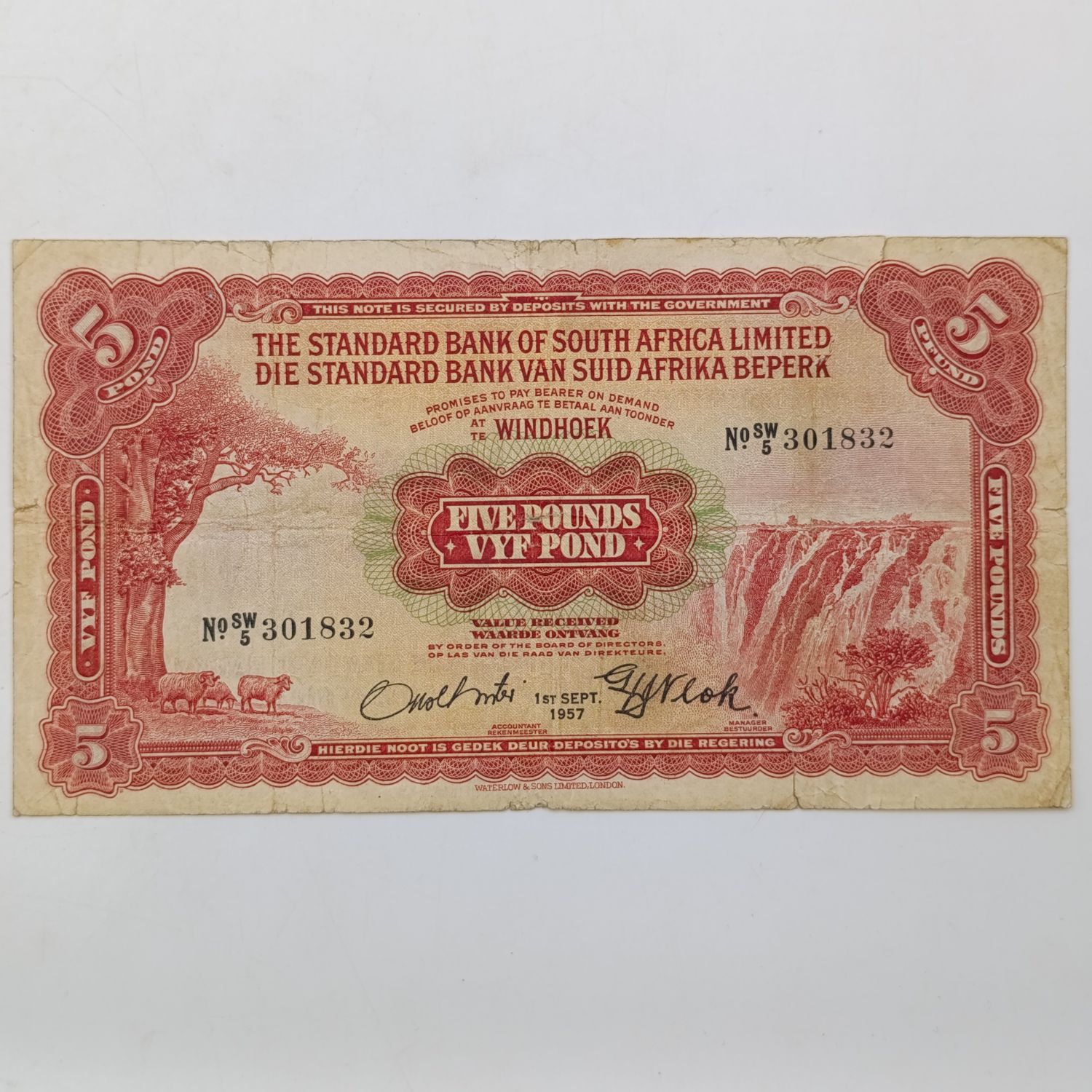 South West African Standard Bank 5 Pound banknote - 1 Sept 1957 - Some side tearing