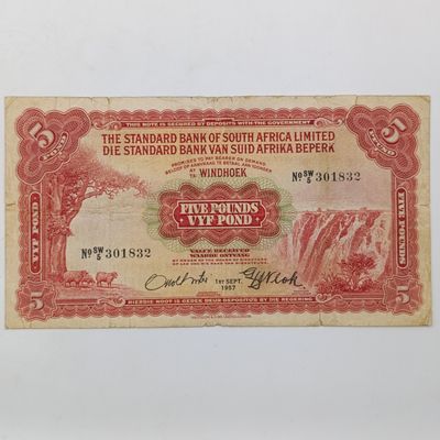 South West African Standard Bank 5 Pound banknote - 1 Sept 1957 - Some side tearing