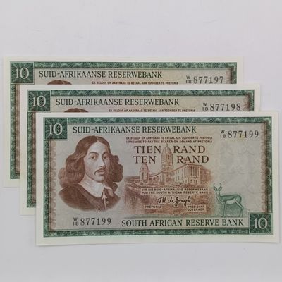 TW de Jongh 3rd issue lot of 3 R10 replacement notes - W18 consecutive numbers