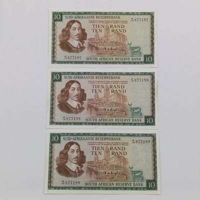 TW de Jongh 3rd issue lot of 3 R10 replacement notes - W18 consecutive numbers