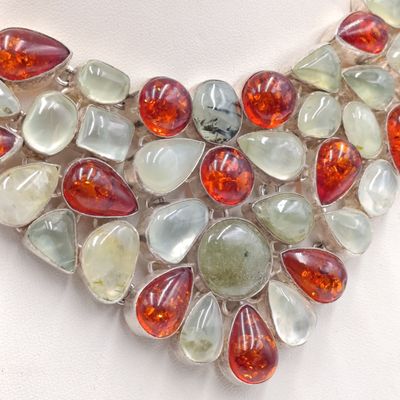 Handmade sterling silver prehnite and amber necklace - weighs 112.6 grams