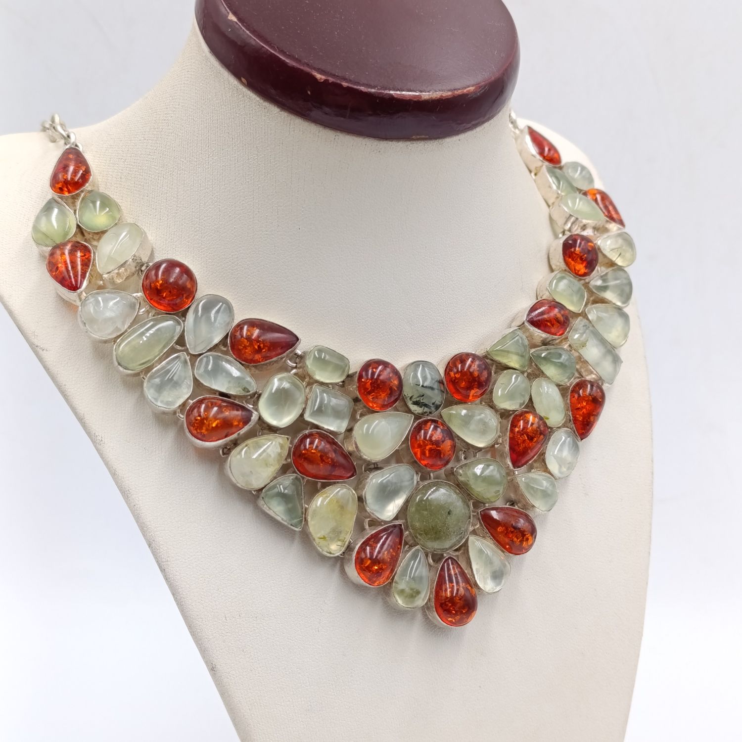 Handmade sterling silver prehnite and amber necklace - weighs 112.6 grams