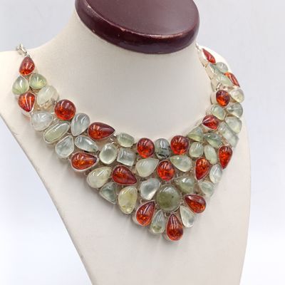 Handmade sterling silver prehnite and amber necklace - weighs 112.6 grams