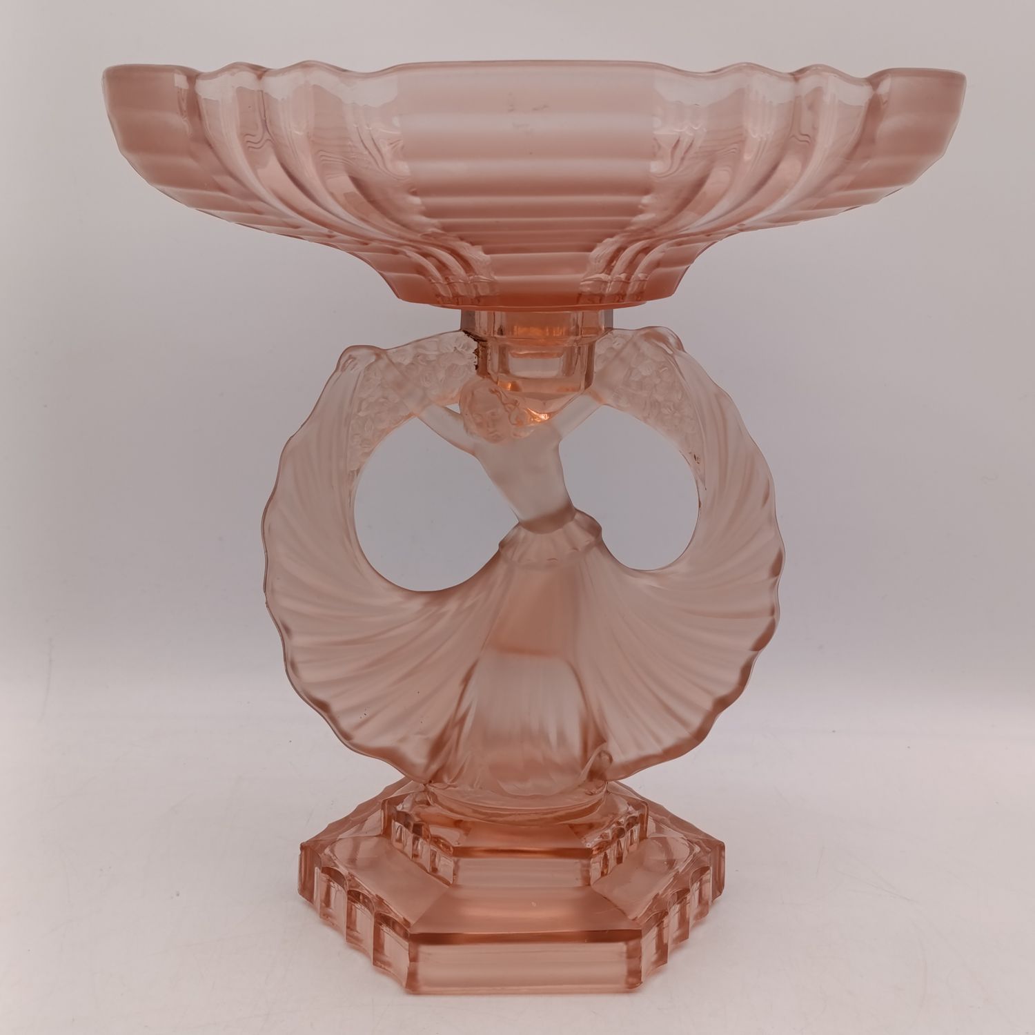Antique Walther and Sohne Arte Deco frosted pink glass centerpiece stand with dancing lady