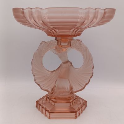 Antique Walther and Sohne Arte Deco frosted pink glass centerpiece stand with dancing lady