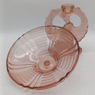 Antique Walther and Sohne Arte Deco frosted pink glass centerpiece stand with dancing lady