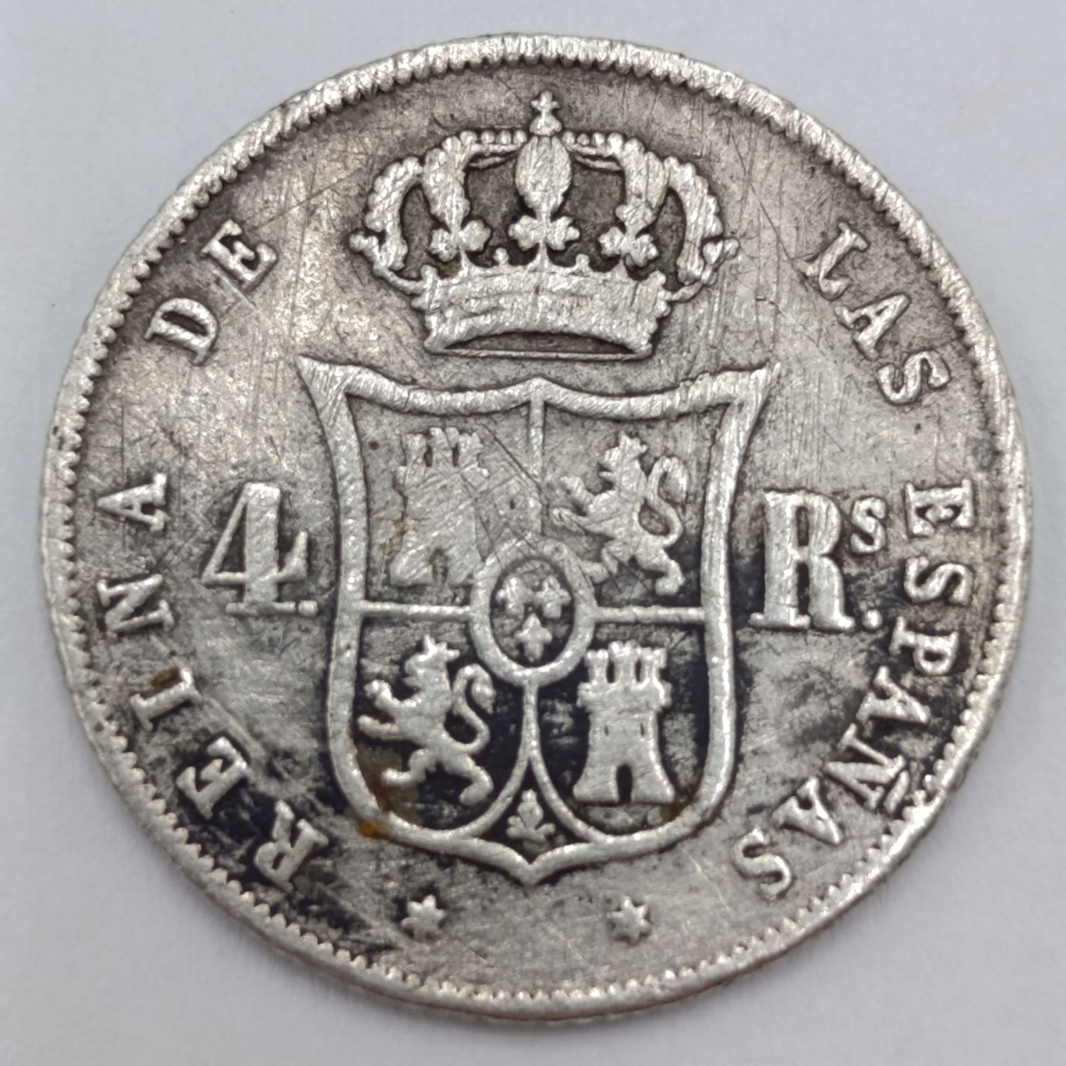 1858 Spanish silver 4 Reales coin