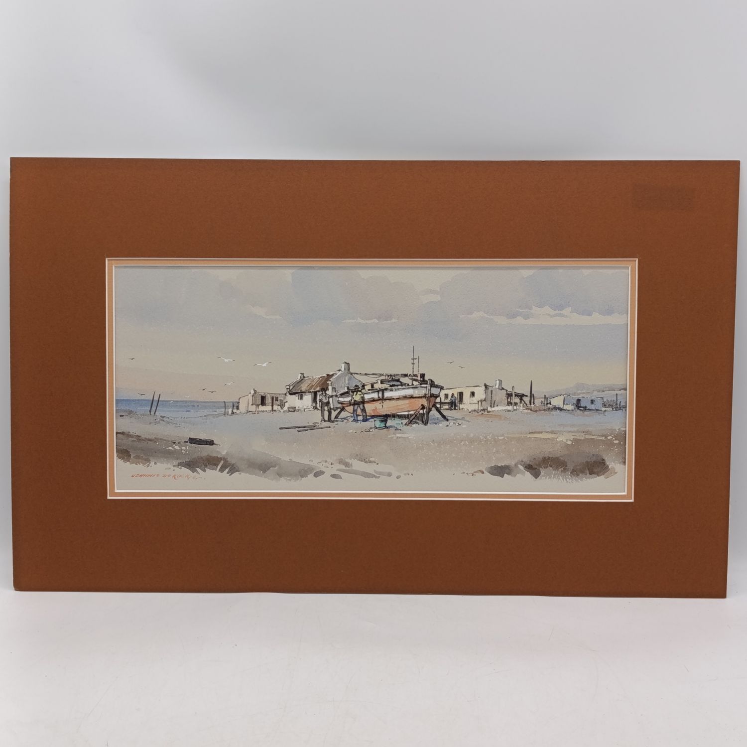 Johnnie de Kock watercolor painting of fishing boat on land - not framed - 37.5cm x 17cm