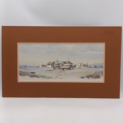 Johnnie de Kock watercolor painting of fishing boat on land - not framed - 37.5cm x 17cm