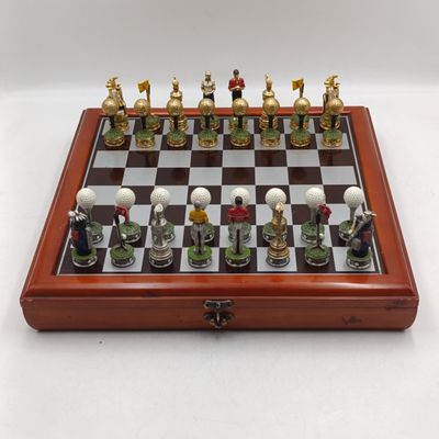 Canadian C and F handpainted pewter golf-themed chess set in case with board
