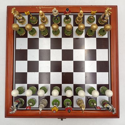 Canadian C and F handpainted pewter golf-themed chess set in case with board