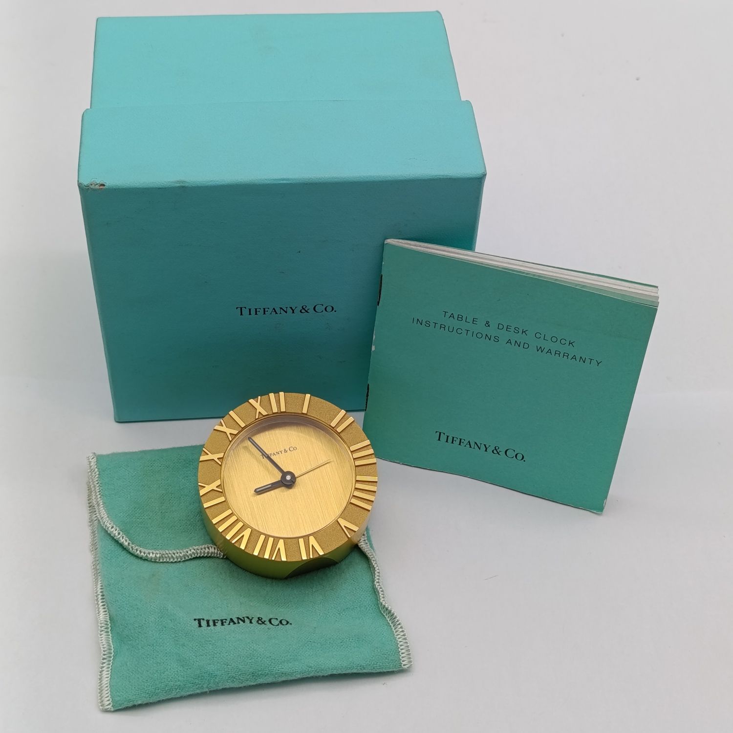 Authentic Tiffany and Co. Atlas desk clock with box and booklet - working