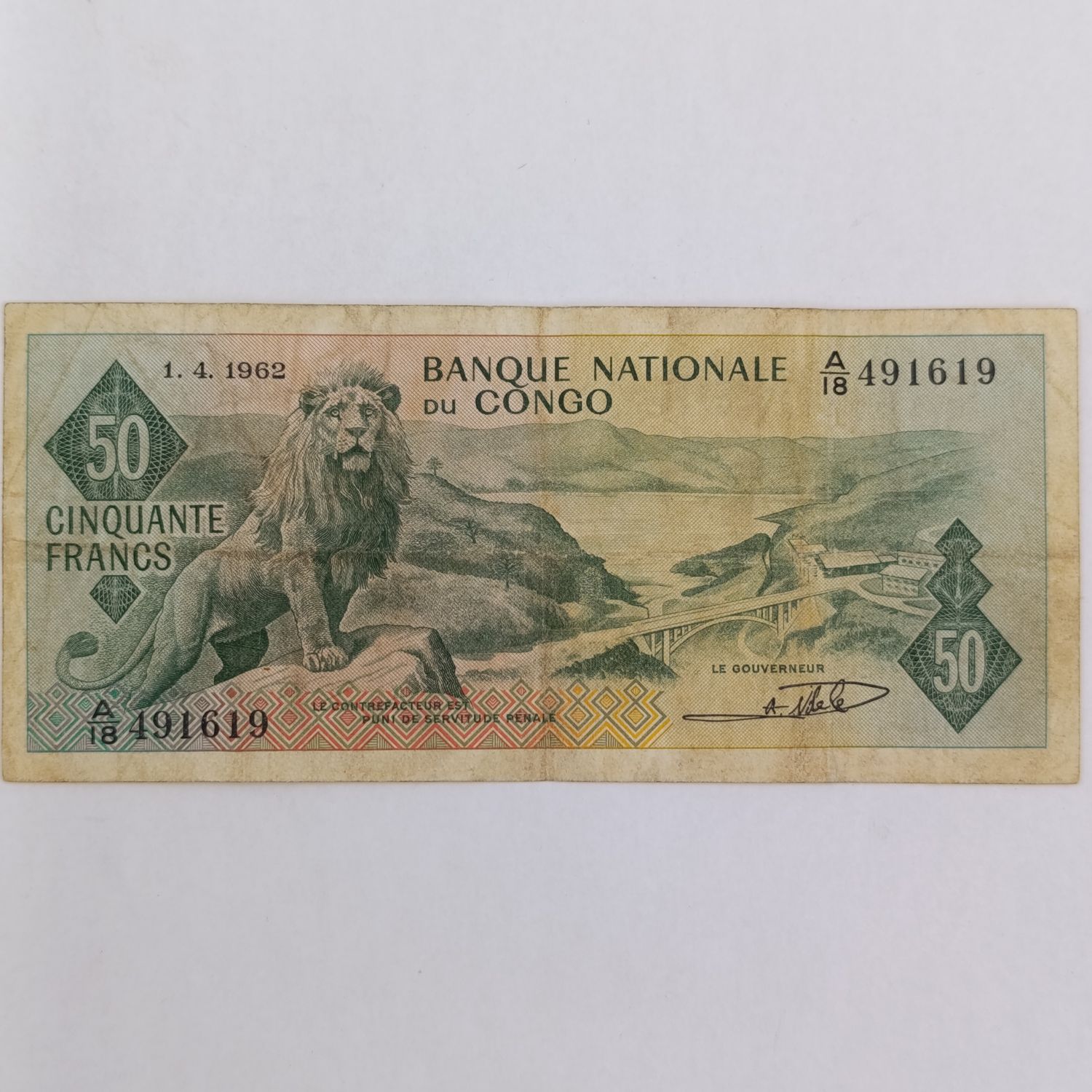 Congo 1st April 1962 banknote with lion - 50 Francs