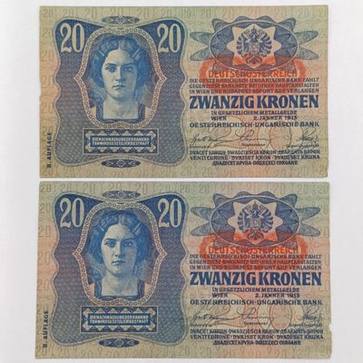 Pair of Austro-Hungarian20 Kronen WW1 periodbanknotes - 2 with consecutive numbers - not circulated - minor marks and folds