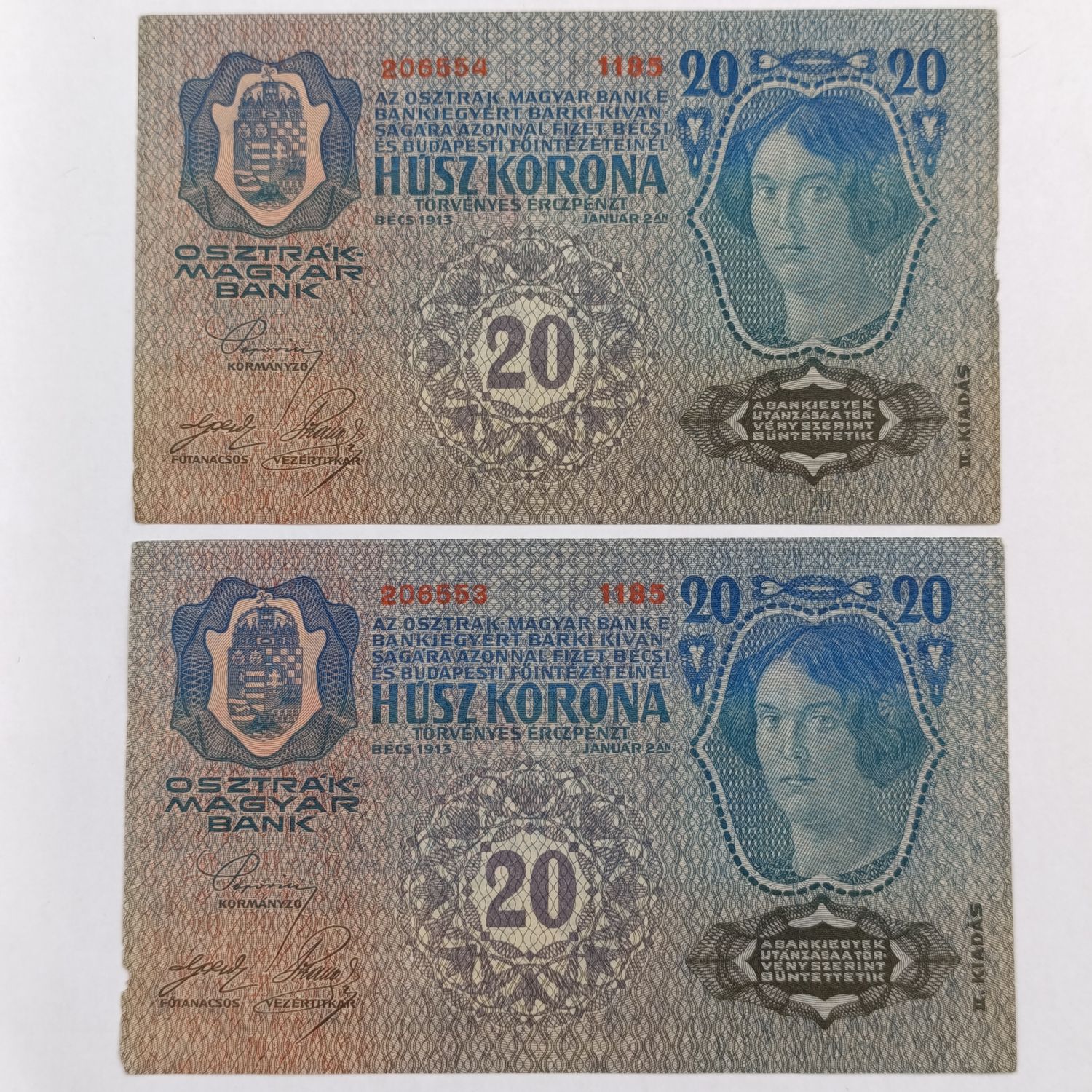 Pair of Austro-Hungarian20 Kronen WW1 periodbanknotes - 2 with consecutive numbers - not circulated - minor marks and folds