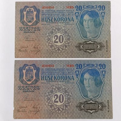 Pair of Austro-Hungarian20 Kronen WW1 periodbanknotes - 2 with consecutive numbers - not circulated - minor marks and folds