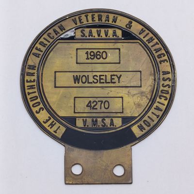 The Southern African Veteran and Vintage Association car club badge - #4270 Wolseley 1960