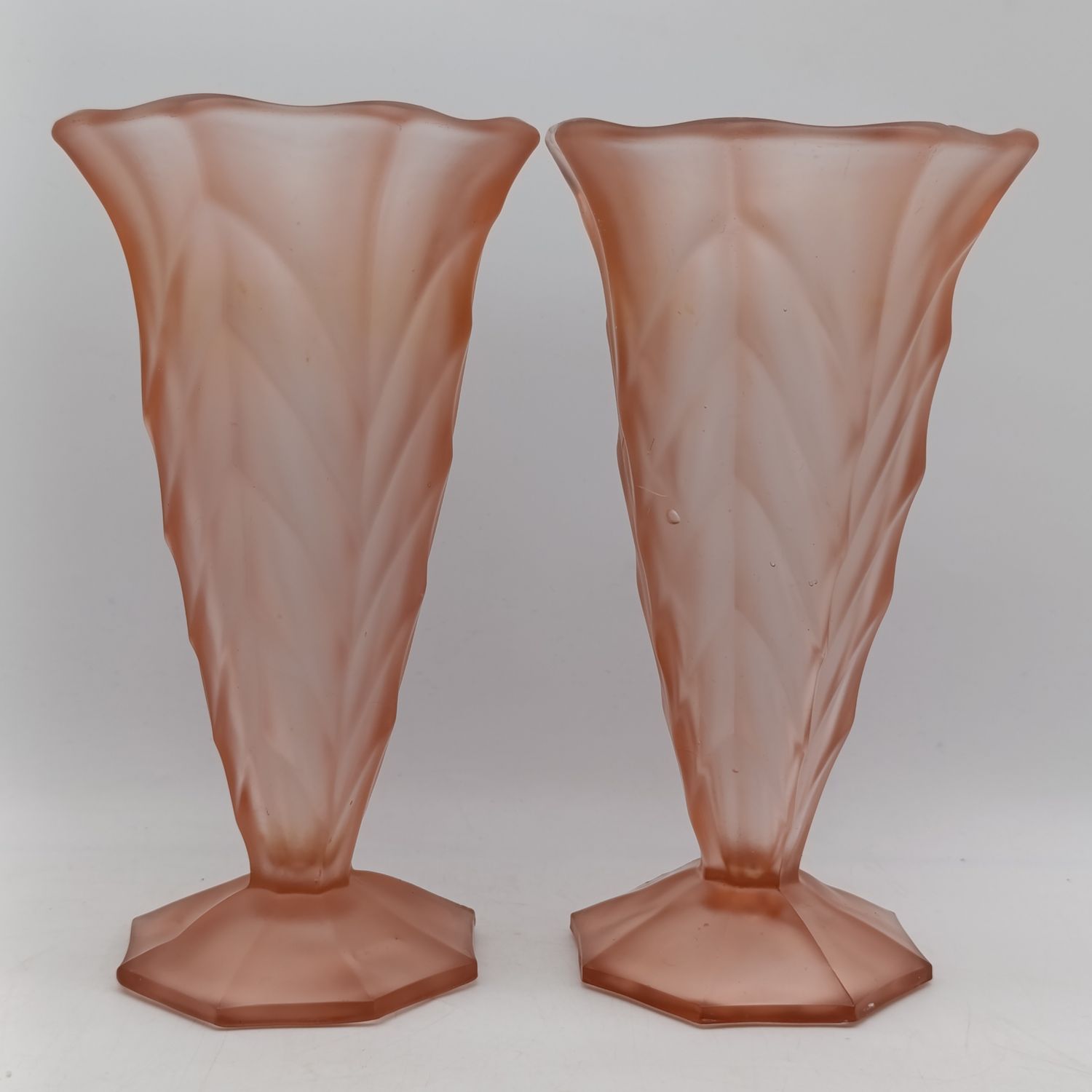 Pair of Arte Deco pink frosted glass vases - one has a small chip at the base