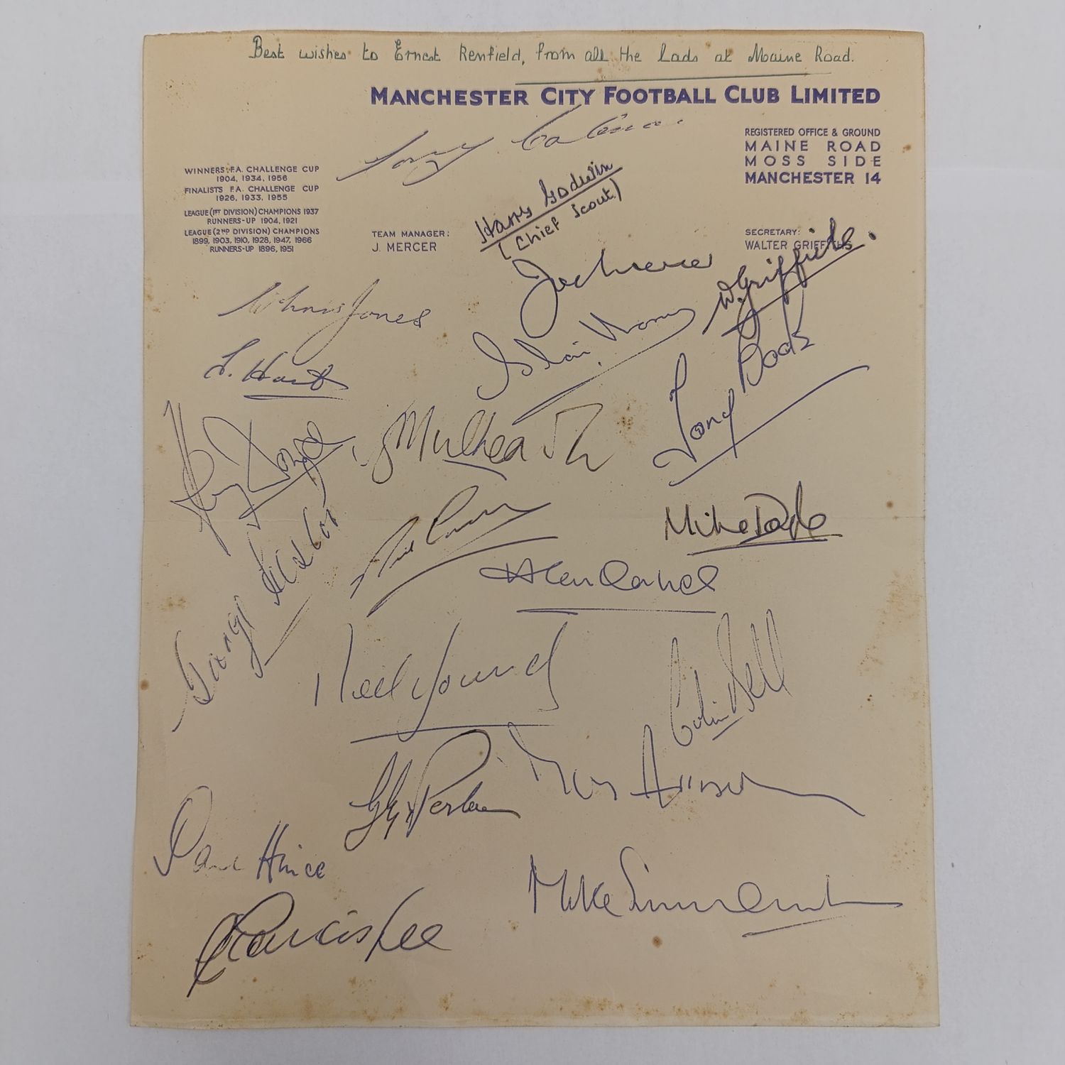 Manchester City Football Club Ltd 1967/68 Stationery Signed by Neil Young &amp; Mike Doyle