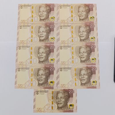 Lot of 9 lesetja Kganyago South Africa Mandela R20 banknotes - uncirculated with consecutive numbers 2023 issue