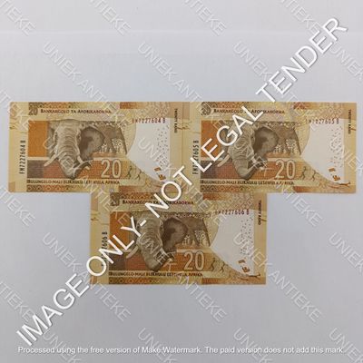 Lot of 3 Gill Marcus South Africa R20 banknotes - crips uncirculated with consecutive numbers