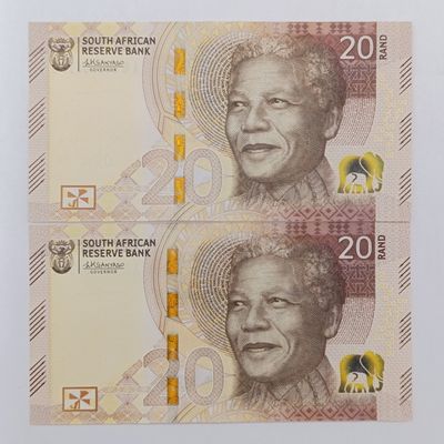 Pair of Lesetja Kganyago South Africa Mandela R20 banknotes - uncirculated with consecutive number 2023 issue