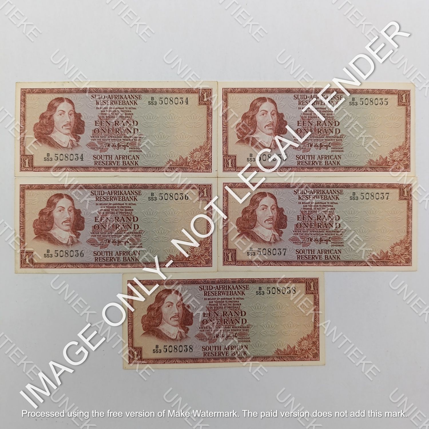 TW de Jongh 3rd issue - Lot of 5 uncirculated R1 banknotes with consecutive numbers